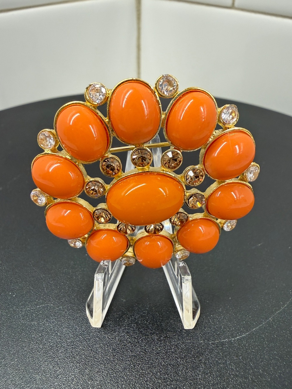 Orange Cabochon Cluster Statement Brooch with Champagne and Clear Crystals
